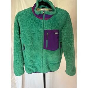 Patagonia Girls Youth Size 12, RETRO-X Sherpa coat, Green/Purple- Pre-owned
